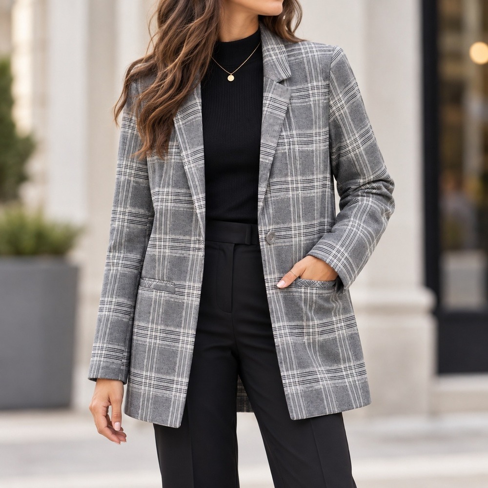 Primark Womens Grey Plaid Single Button Blazer Jacket Size 8 Glen Check Business